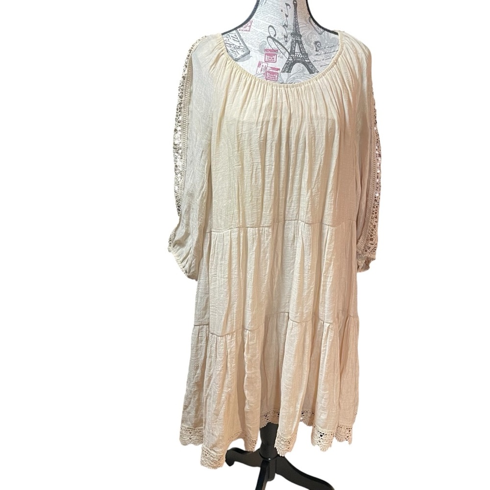 Indigo Rose Boho Cream Peasant Dress with Crochet Trim